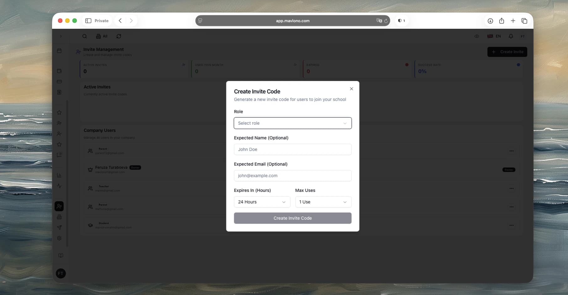 Create invite form