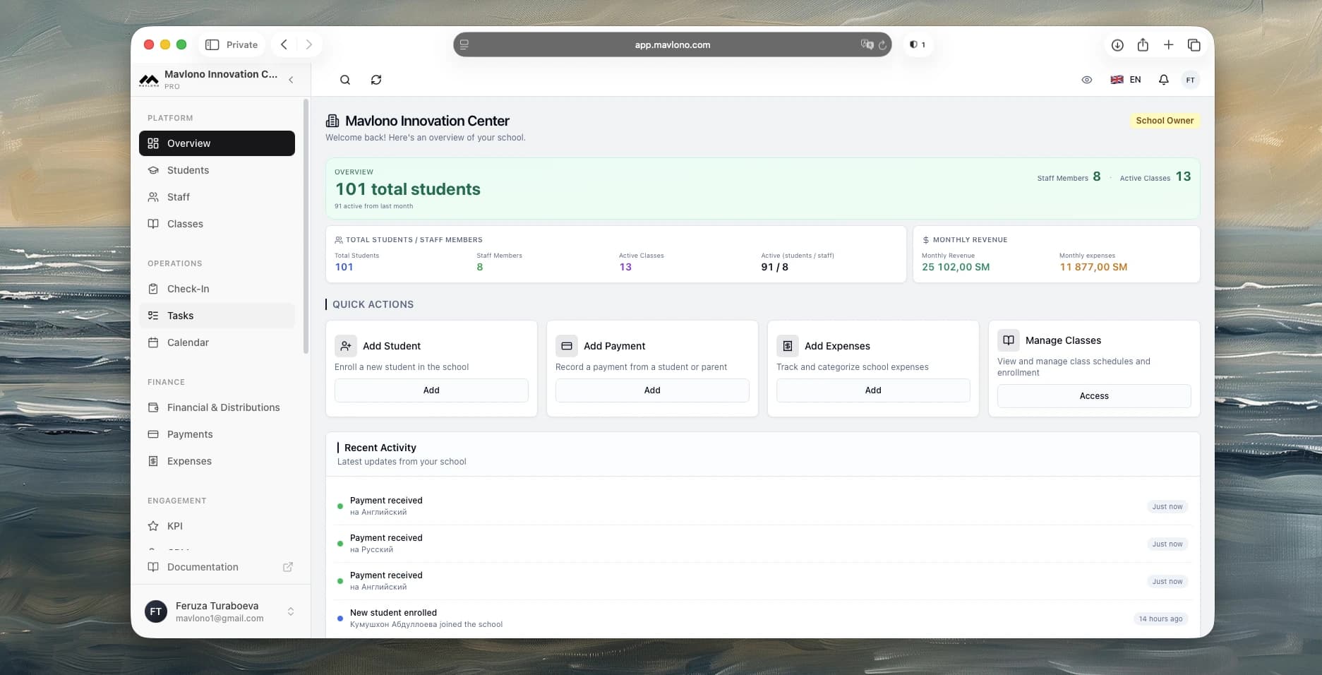 School admin overview dashboard