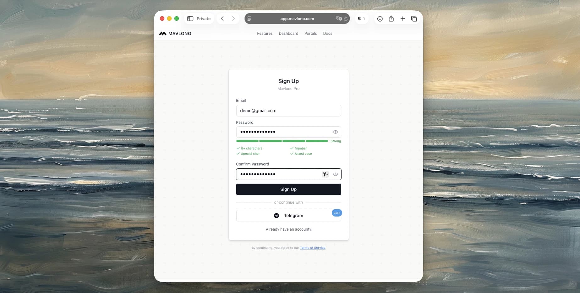 Password setup screen