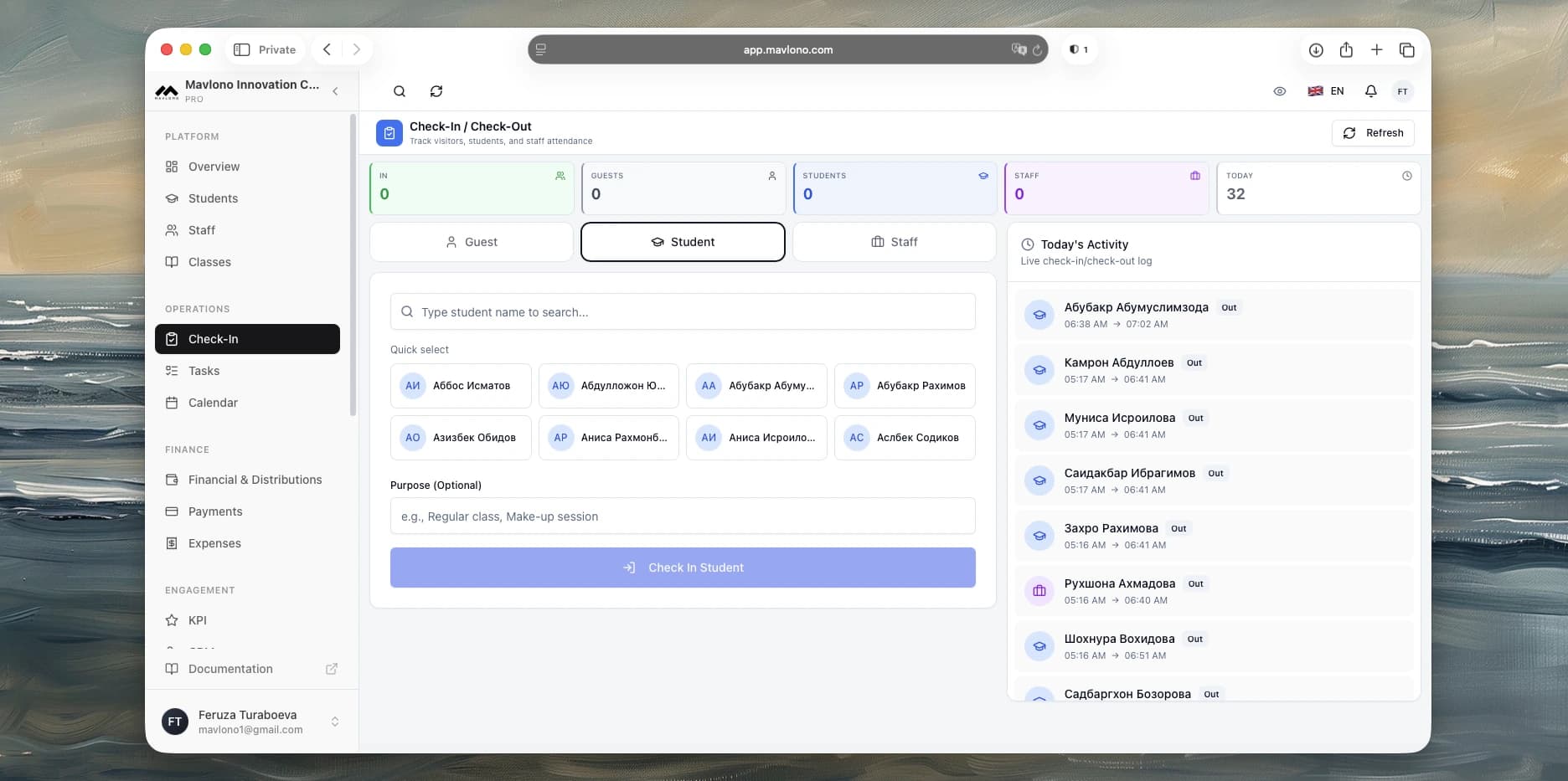 Check-in and check-out log